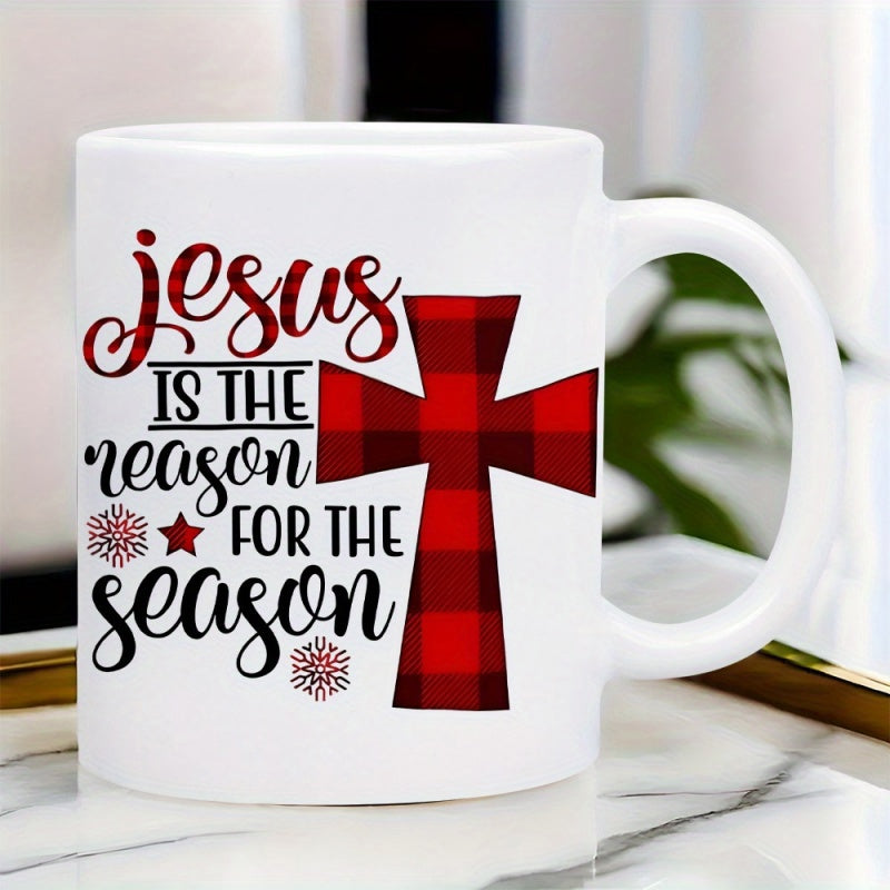 Tailorly White Ceramic 11 oz Mug - Jesus Is The Reason For The Season Red Buffalo Plaid Pattern Decorated With Small Snowflakes And Stars Cross