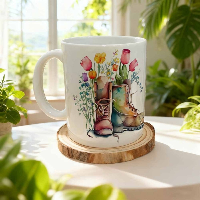Tailorly White Ceramic 11 oz Mug - Colorful Watercolor Tulips Blooming From Within Rustic Leather Hiking Boots