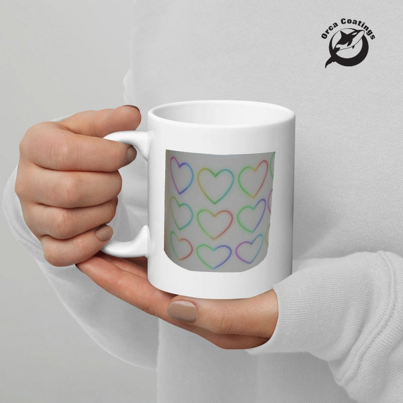 Tailorly White Ceramic 11 oz Mug - Minimalist Gradient Outlined Shapes Arranged In Grid Over Grey Background Hearts