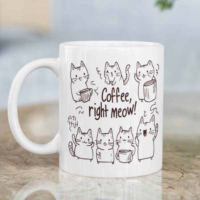 Tailorly White Ceramic 11 oz Mug - Coffee Right Meow Playful Cartoon Cats In Various Poses Holding Steaming Coffee Mugs Cat