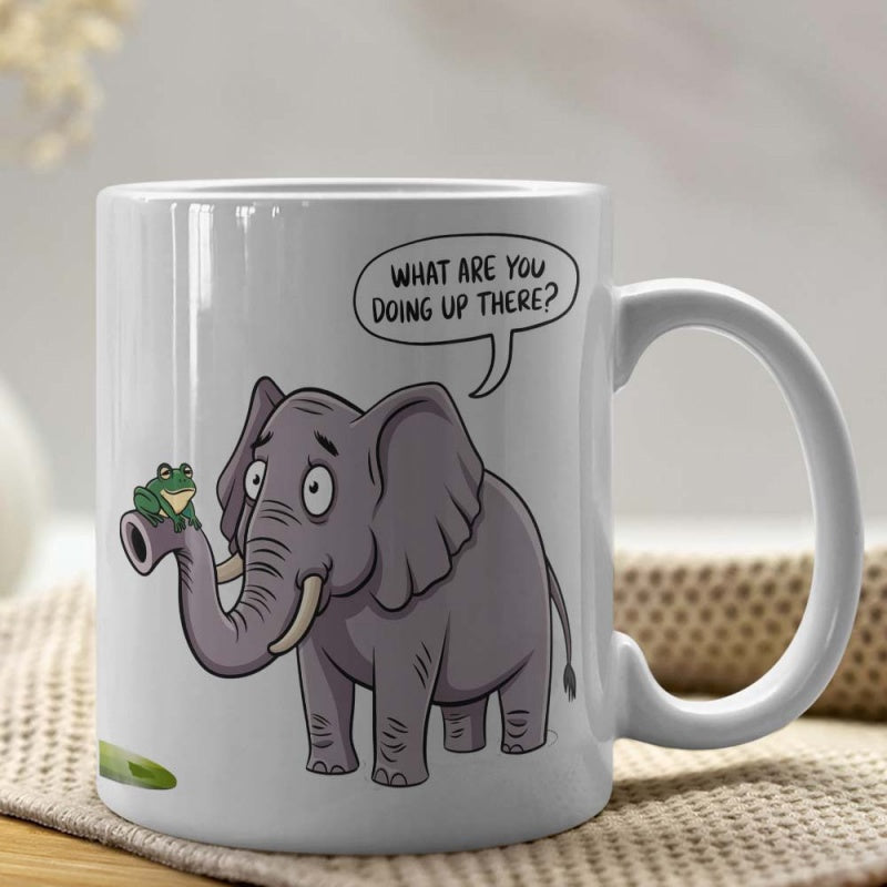 Tailorly White Ceramic 11 oz Mug - What Are You Doing Up There Cartoon Elephant Looking At A Tiny Green Frog On Its Trunk Elephant