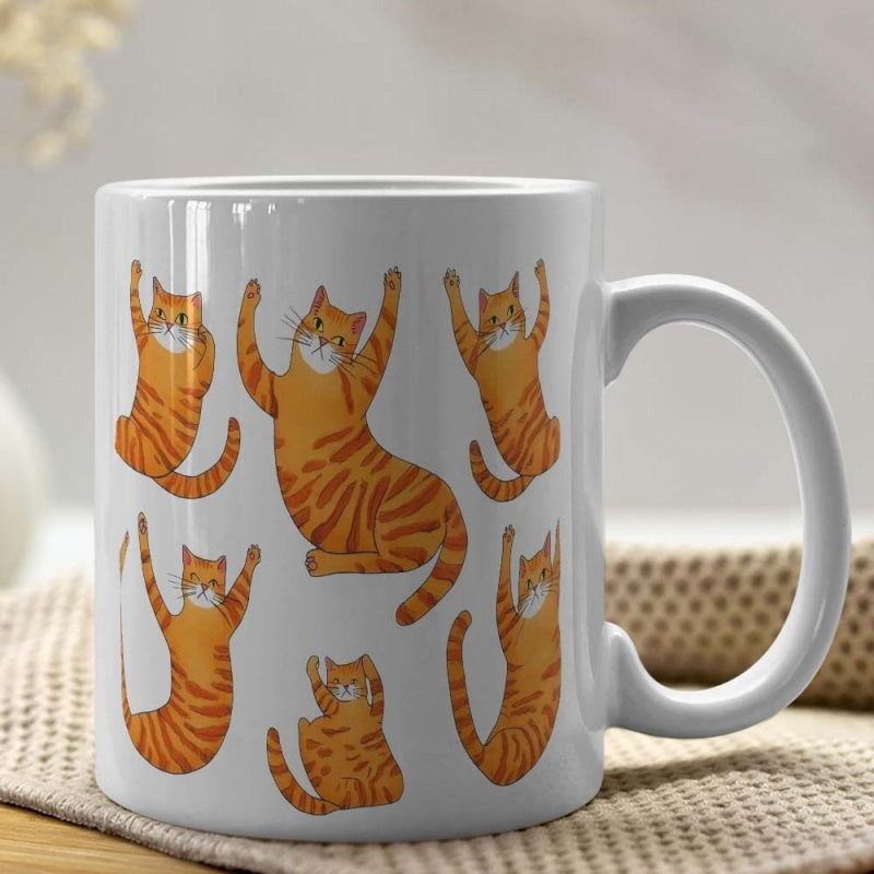 Tailorly White Ceramic 11 oz Mug - Several Whimsical Orange Striped Kittens In Energetic Stretching Poses Cat