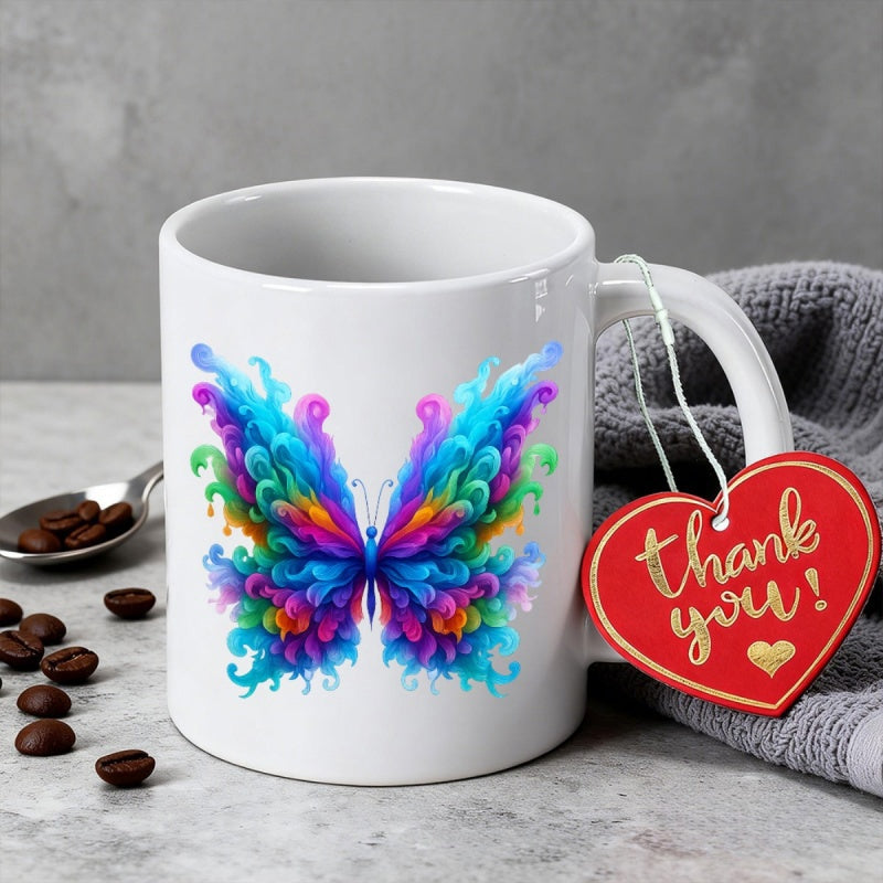 Tailorly White Ceramic 11 oz Mug - Vibrant Rainbow Wings With Ethereal Swirling Colors Spreading Graceful Majestic Butterfly