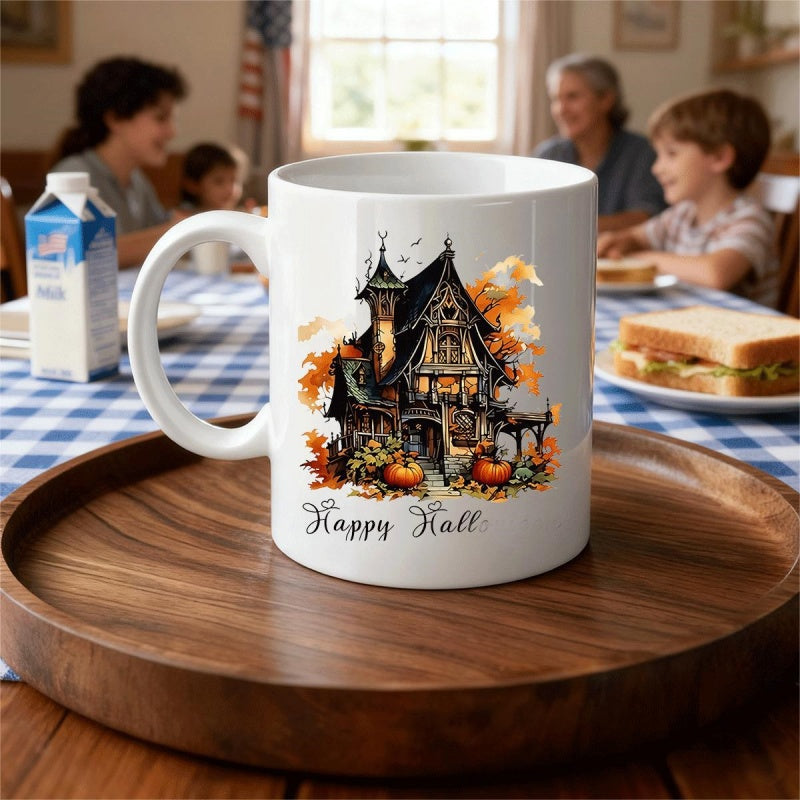 Tailorly White Ceramic 11 oz Mug - Happy Hall Spooky Gothic Architecture With Glowing Pumpkins And Scattered Autumn Leaves House