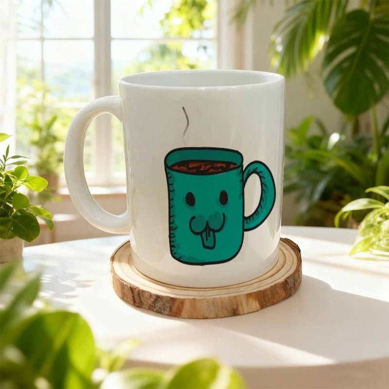 Tailorly White Ceramic 11 oz Mug - Cute Teal Cartoon Character With Happy Face And Steam Rising Mug