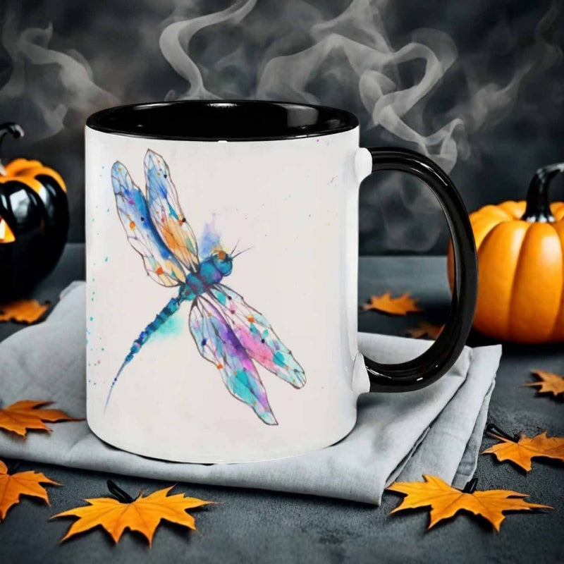 Tailorly Black Accent 11 oz Mug - watercolor style colorful dragonfly