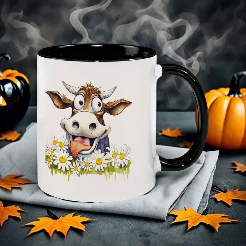 Tailorly Black Accent 11 oz Mug - watercolor style cow with flowers