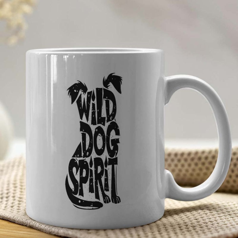 Tailorly White Ceramic 11 oz Mug - Wild Dog Spirit Sitting Animal Silhouette With Artistic Typography Design On Minimalist White Surface Dog