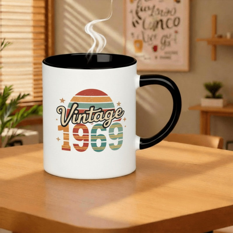 Tailorly Black Accent 11 oz Mug - vintage 1969 retro sunset birthday gift design with music elements