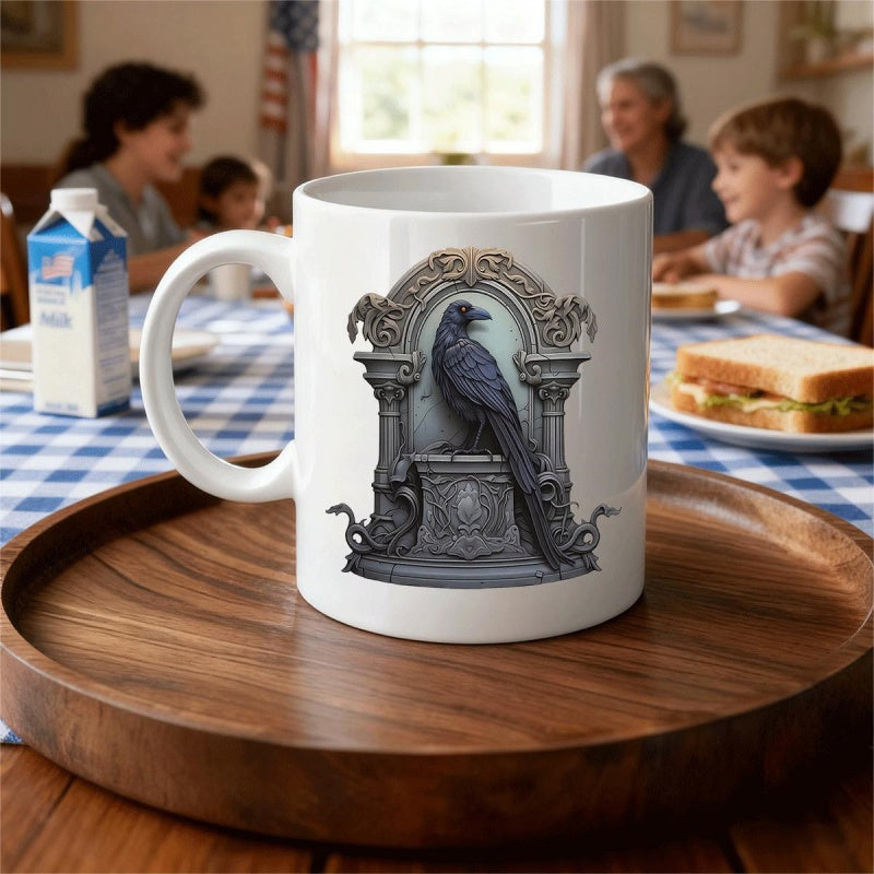 Tailorly White Ceramic 11 oz Mug - Gothic Stone Archway With A Majestic Dark Raven Perched Among Ornate Carvings Crow