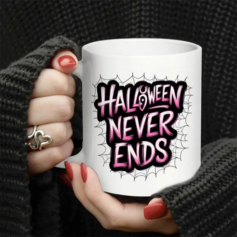 Tailorly White Ceramic 11 oz Mug - Halloween Never Ends Spooky Stylized Typography With Pink Gradient Accents Within A Delicate Spiderweb