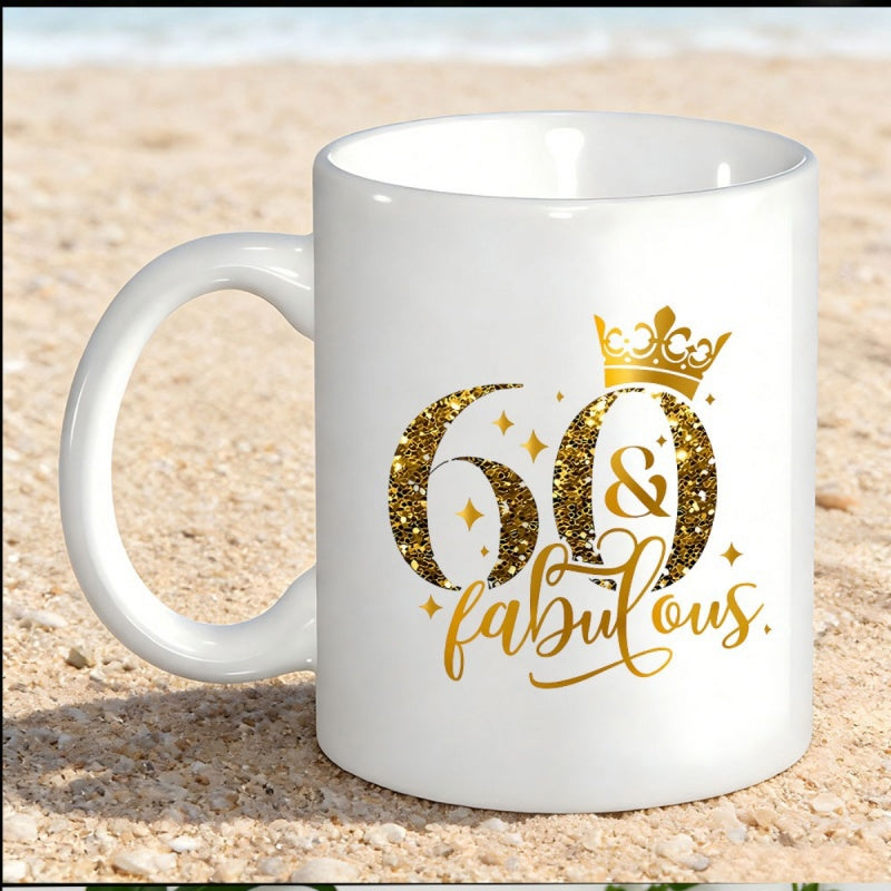 Tailorly White Ceramic 11 oz Mug - 60 Fabulous Large Gold Glitter Numbers Topped With A Royal Crown Mug