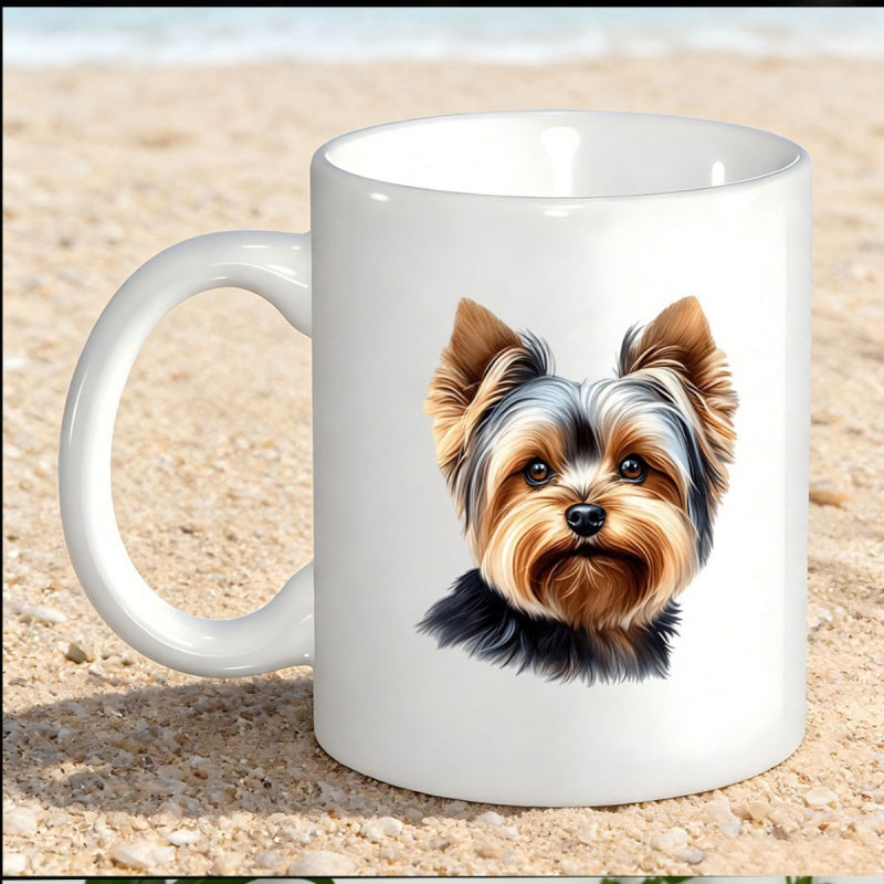 Tailorly White Ceramic 11 oz Mug - Detailed Hand Painted Portrait Of A Cute Small Fluffy Yorkshire Terrier Dog