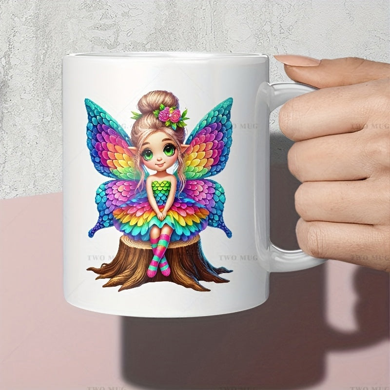 Tailorly White Ceramic 11 oz Mug - Whimsical Rainbow Wings On A Tiny Girl Sitting On A Stump Fairy