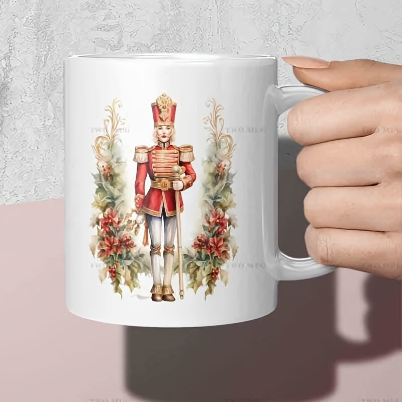 Tailorly White Ceramic 11 oz Mug - Traditional Holiday Soldier Standing With Staff Surrounded By Christmas Flowers Nutcracker