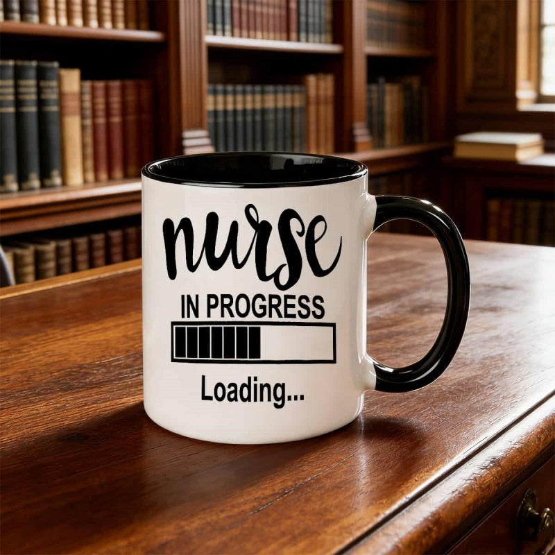 Tailorly Black Accent 11 oz Mug - nurse in progress loading design with icons stethoscope motif