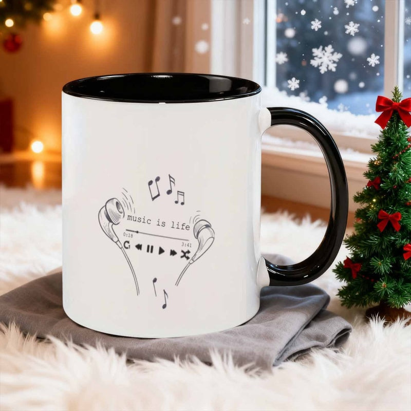 Tailorly Black Accent 11 oz Mug - 1pc 11 ounces ceramic mug coffee cup water cup heat retaining reusable dishwasher safe versatile great for music