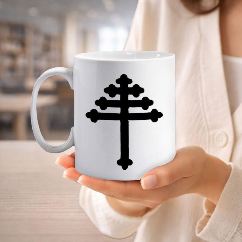 Tailorly White Ceramic 11 oz Mug - Ancient Religious Symbol In Solid Black Finish On Ceramic Surface Cross