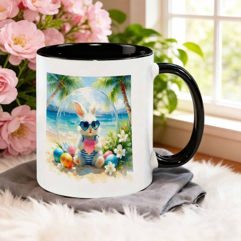 Tailorly Black Accent 11 oz Mug - watercolor rabbit holding a heart and an egg