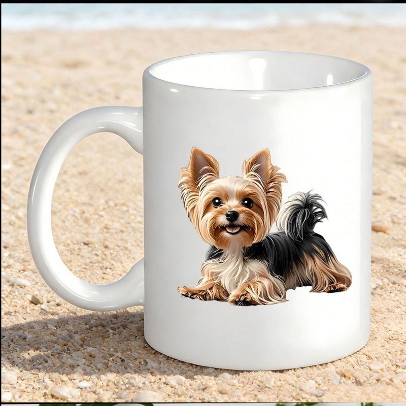 Tailorly White Ceramic 11 oz Mug - Cute Fluffy Puppy Lying Down With Big Brown Eyes Yorkshire Terrier