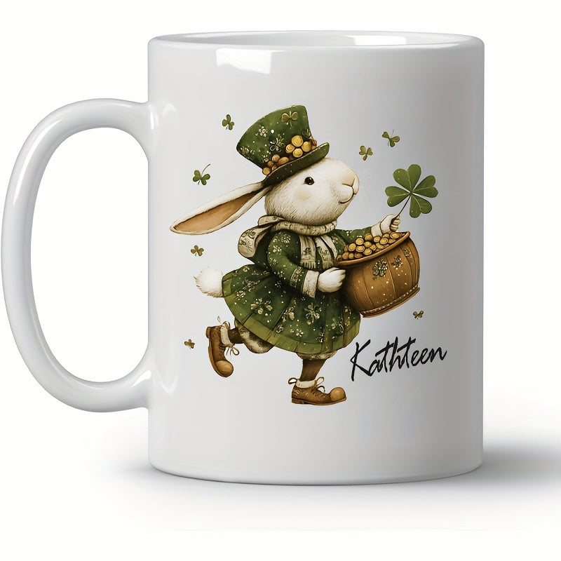 Tailorly White Ceramic 11 oz Mug - Kathleen Charming St Patricks Day Bunny Wearing Green Hat Holding Gold Pot Rabbit