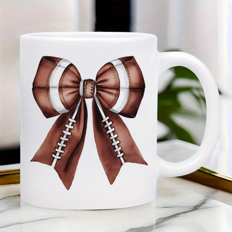 Tailorly White Ceramic 11 oz Mug - Brown Leather Texture Sporty Ribbon With White Stripes And Laces Bow