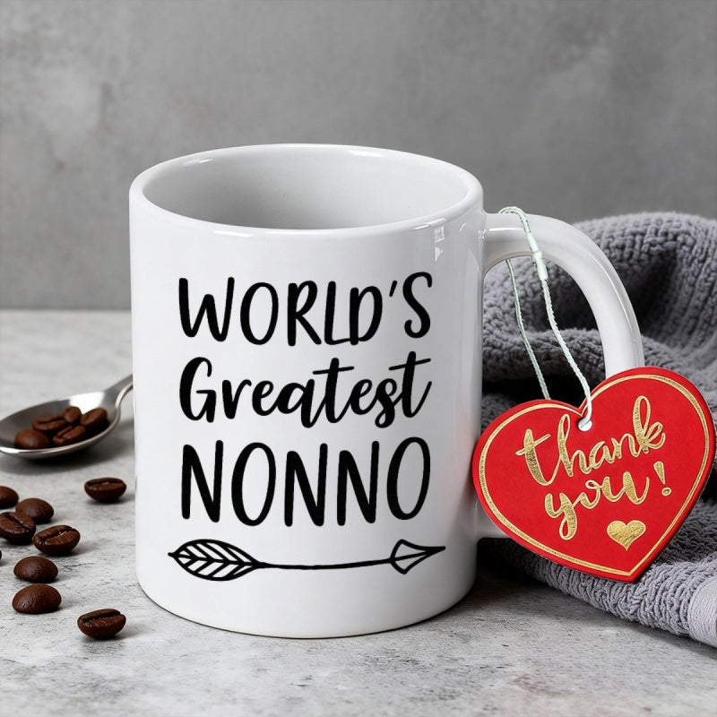 Tailorly White Ceramic 11 oz Mug - Worlds Greatest Nonno Thank You White Ceramic Cup Featuring Minimalist Arrow Motif With Heart Shaped Tag Mug