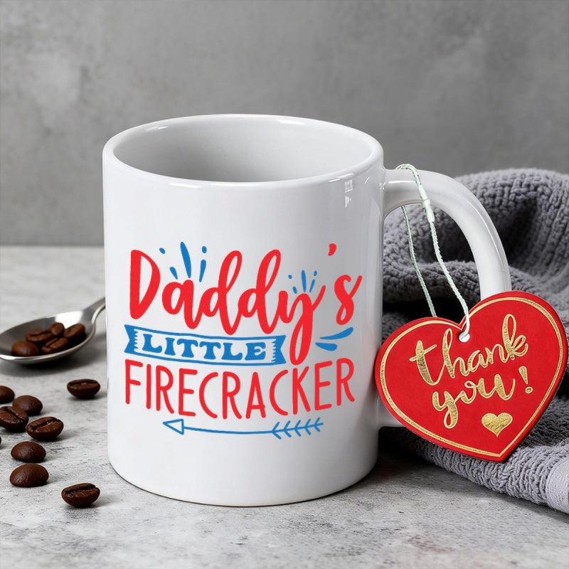 Tailorly White Ceramic 11 oz Mug - Daddys Little Firecracker Thank You Artistic Bold Script With Decorative Blue Arrow Elements On Clean Surface Mug