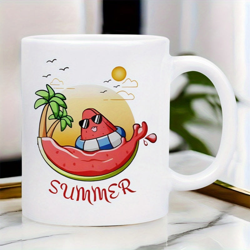 Tailorly White Ceramic 11 oz Mug - Summer Vibrant Tropical Island Scene With Cartoon Character Splashing In Sunny Summer Watermelon