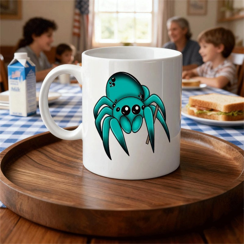 Tailorly White Ceramic 11 oz Mug - Cute Stylized Cartoon Teal Spider With Large Expressive Black Eyes Spider