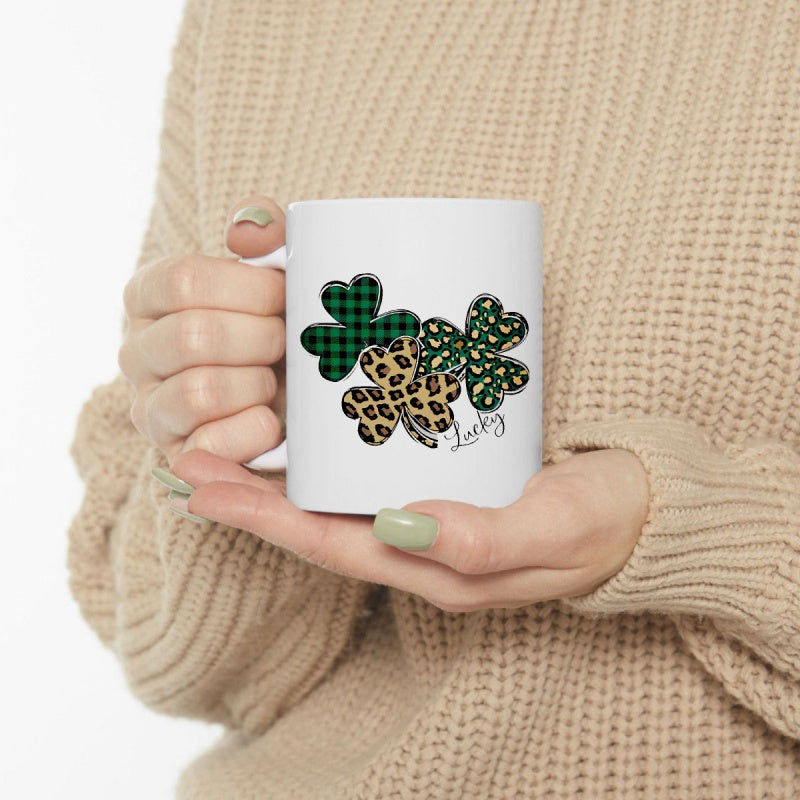 Tailorly White Ceramic 11 oz Mug - Lucky Three Festive Leaves With Plaid And Leopard Texture Style Shamrock
