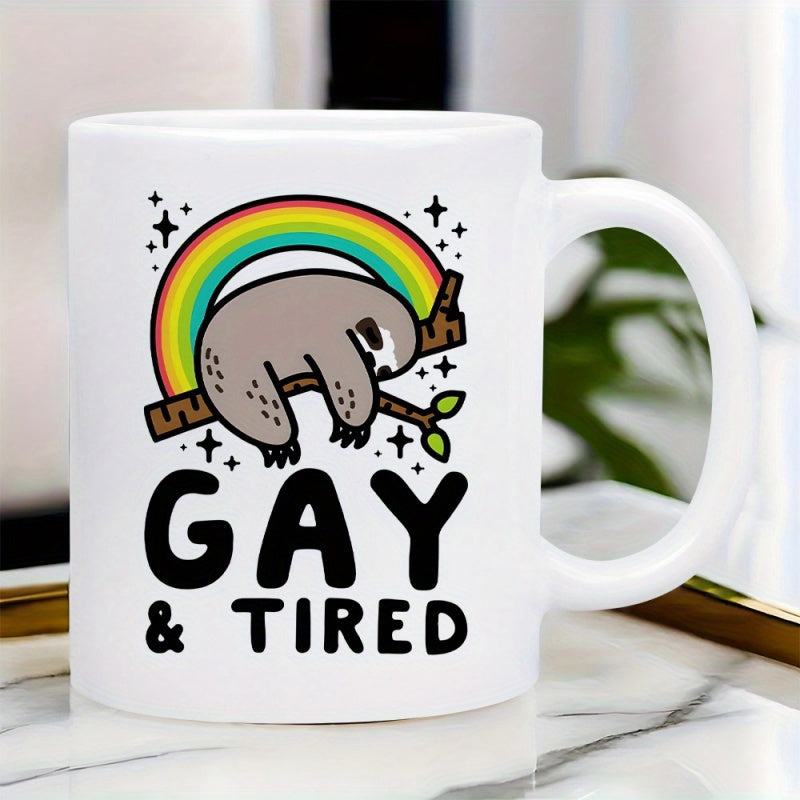 Tailorly White Ceramic 11 oz Mug - Gay Tired Sleeping Sloth Resting On Tree Branch Under Bright Arched Rainbow Sloth