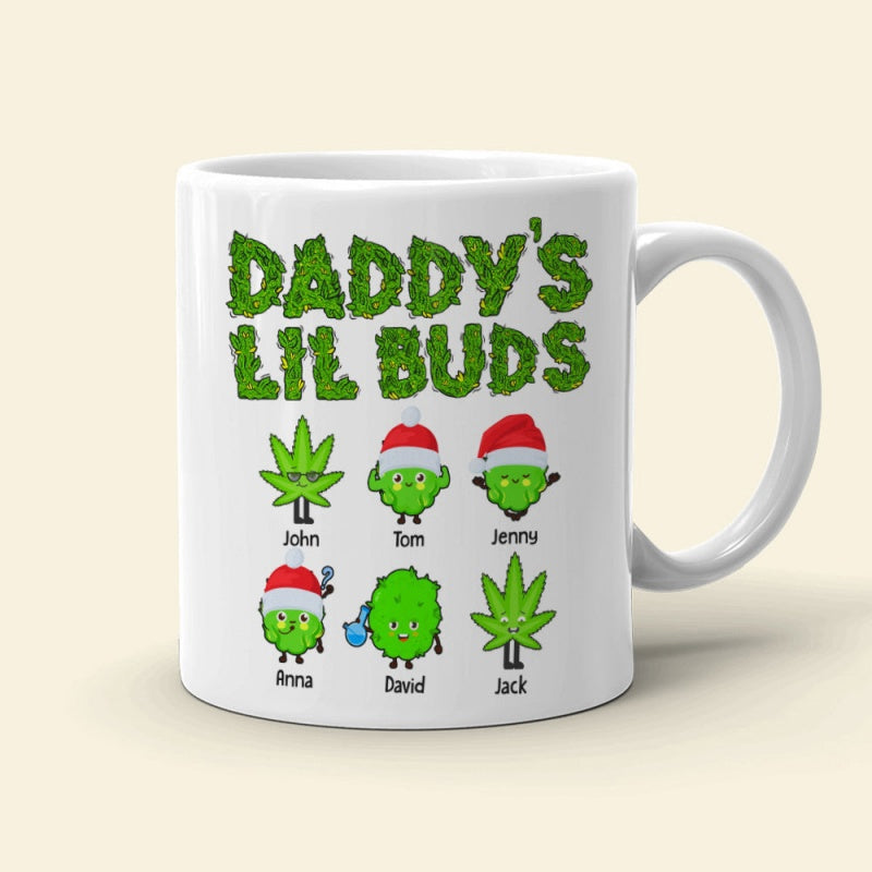 Tailorly White Ceramic 11 oz Mug - Daddys Lil Buds Six Cute Green Leafy Characters Wearing Red Festive Santa Hats Bud