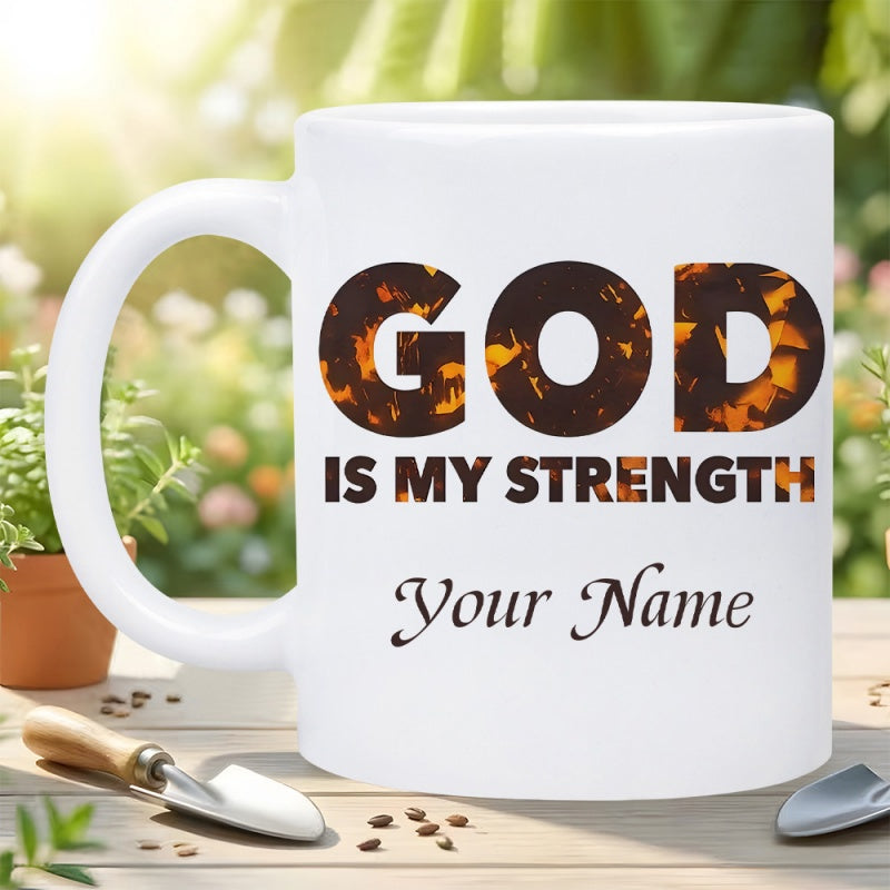 Tailorly White Ceramic 11 oz Mug - God Is My Strength Your Name Bold Patterned Letters Featured On A