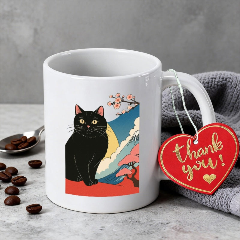 Tailorly White Ceramic 11 oz Mug - Elegant Black Cat Sitting Among Traditional Japanese Waves And Cherry Blossoms Cat