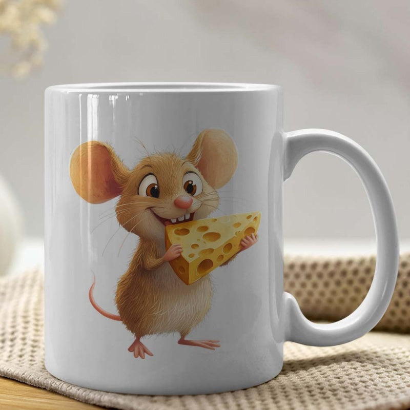 Tailorly White Ceramic 11 oz Mug - Adorable Brown Mouse Holding A Large Piece Of Swiss Cheese Mouse