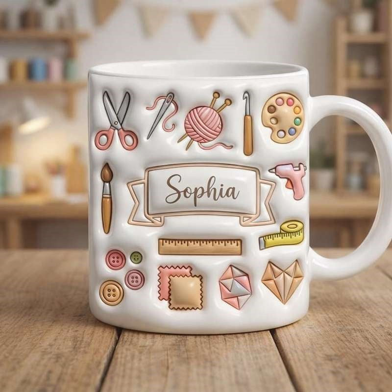 Tailorly White Ceramic 11 oz Mug - Sophia 3D Embossed Crafting Tools With Colorful Sewing Supplies And Personalized Name Mug