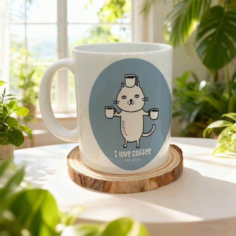 Tailorly White Ceramic 11 oz Mug - I Love Coffee Minimalist Whimsical Cartoon White Cat Balancing Three Cups Of Coffee Cat