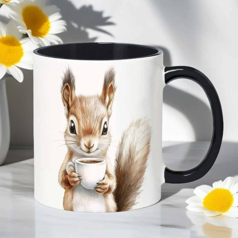 Tailorly Black Accent 11 oz Mug - squirrel holding coffee cup