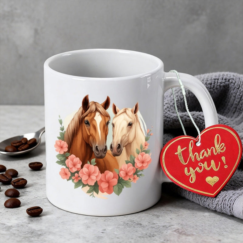 Tailorly White Ceramic 11 oz Mug - Beautifully Detailed Pair Of Stallions Among Soft Pink Floral Wreath Horse