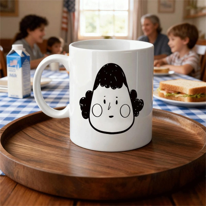 Tailorly White Ceramic 11 oz Mug - Minimalist Hand Drawn Doodle Portrait With Rosy Cheeks And Whimsical Expression Character