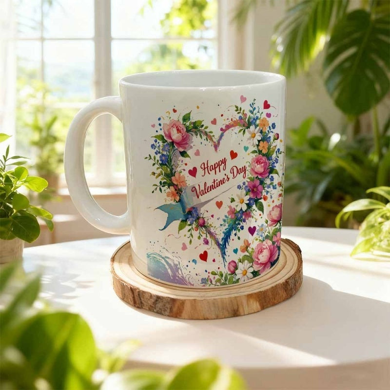 Tailorly White Ceramic 11 oz Mug - Happy Valentines Day Blooming Floral Wreath Surrounded By Delicate Spring Leaves Heart