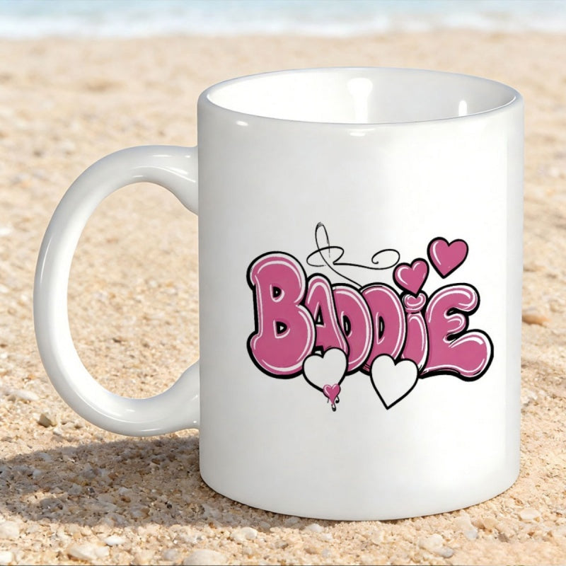 Tailorly White Ceramic 11 oz Mug - Baddie Pink Bubble Style Text With Sweet Floating Hearts Around It Mug