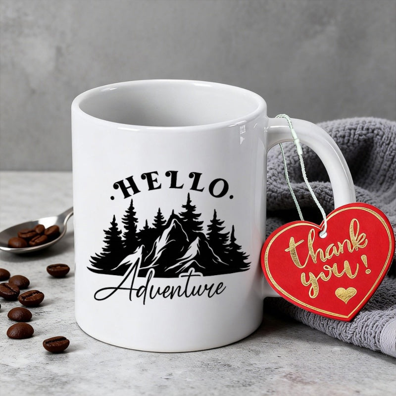 Tailorly White Ceramic 11 oz Mug - Hello Adventure Black Pine Forest Silhouettes Below Majestic Snowy Peak Nature Landscape Mountain