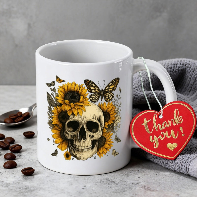 Tailorly White Ceramic 11 oz Mug - Thank You Vintage Style Surrounded By Blooming Yellow Sunflowers And Flying Butterflies Skull