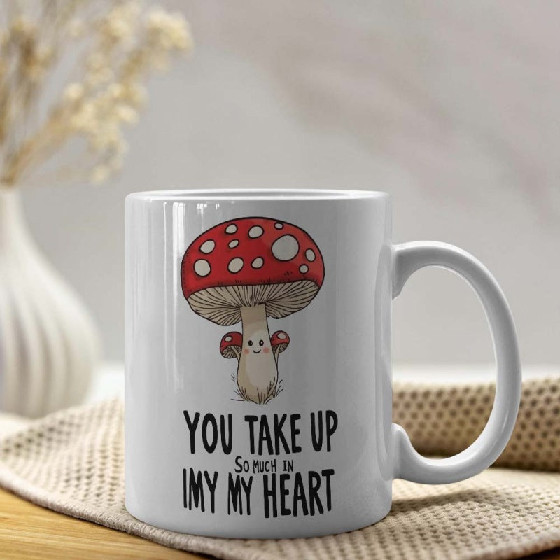 Tailorly White Ceramic 11 oz Mug - You Take Up So Much In My Heart Adorable Red Spotted Fungi With Small Smiling Faces Mushroom