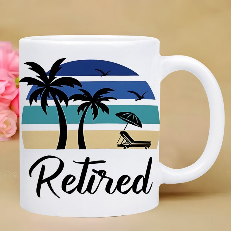 Tailorly White Ceramic 11 oz Mug - Retired Retro Sunset Stripes With Birds Under Tropical Palm Trees Palm Tree