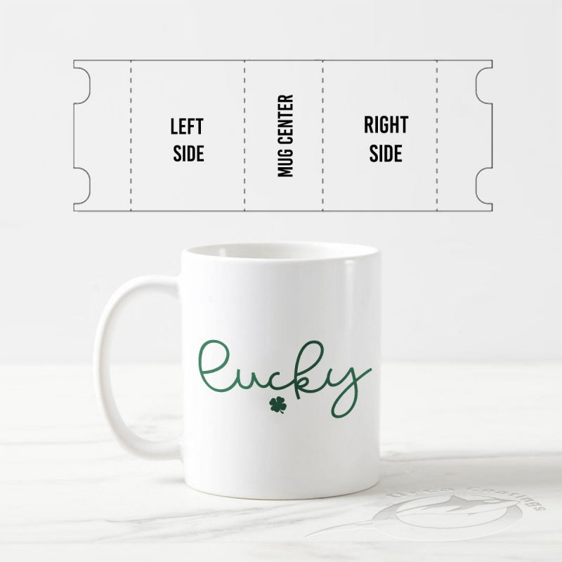 Tailorly White Ceramic 11 oz Mug - Lucky Minimalist Green Cursive Script Pattern Featuring A Small Shamrock Clover Mug