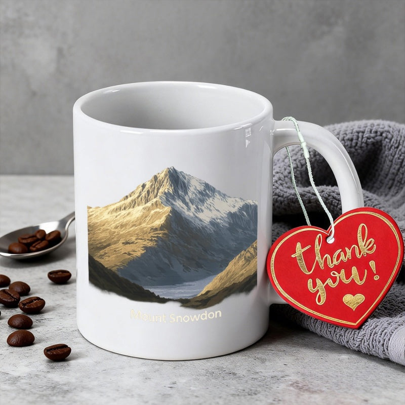 Tailorly White Ceramic 11 oz Mug - Mount Snowdon Majestic Snow Capped Peaks Under Warm Golden Sunlight Among Distant Valleys Mountain