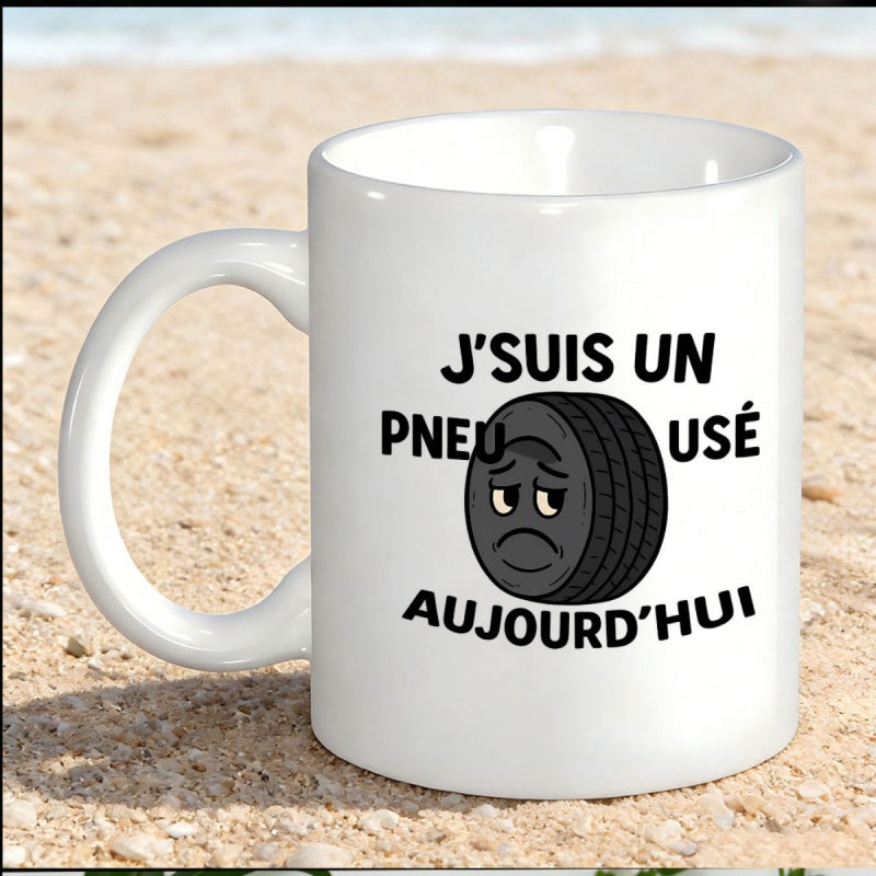 Tailorly White Ceramic 11 oz Mug - Sad Cartoon Face On Black Rubber Textured Wheel With Tread Tire